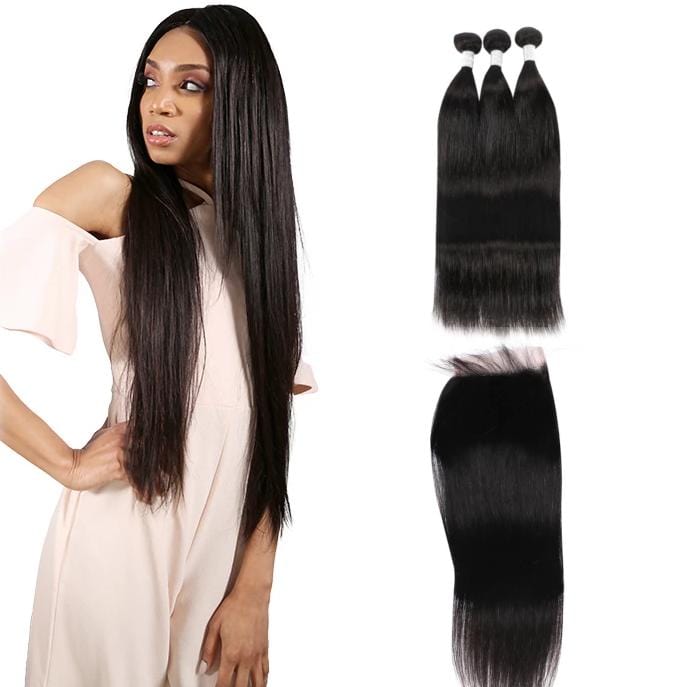 10A Grade Indian Remy Hair Straight - 3 Bundles + Straight Closure